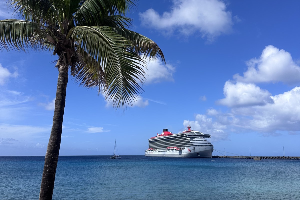 Virgin Voyages ship from the beach